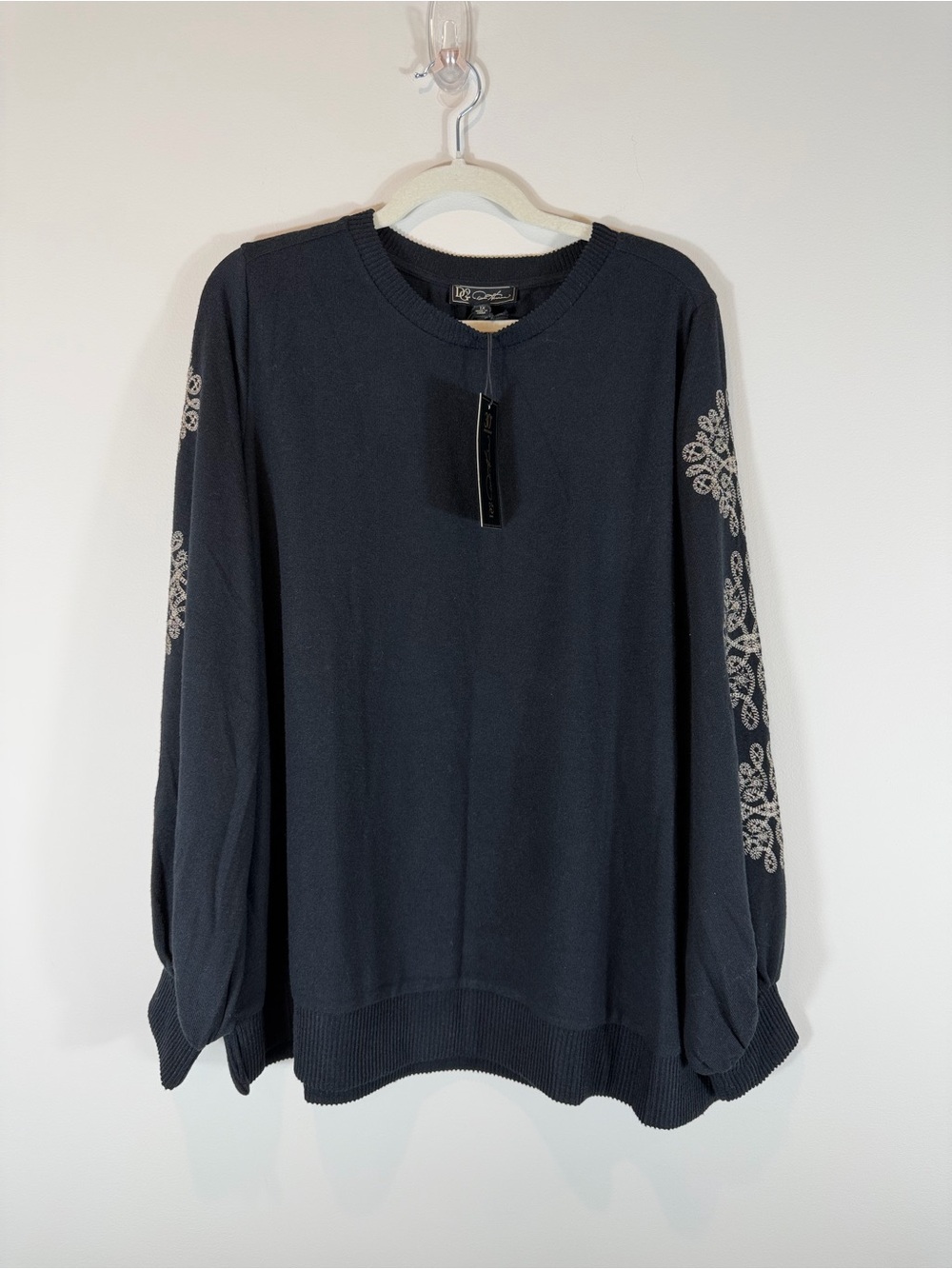 DG2 by Diane Gilman Black Crew Neck Sweater with Tan Embroidered Sleeve 1X